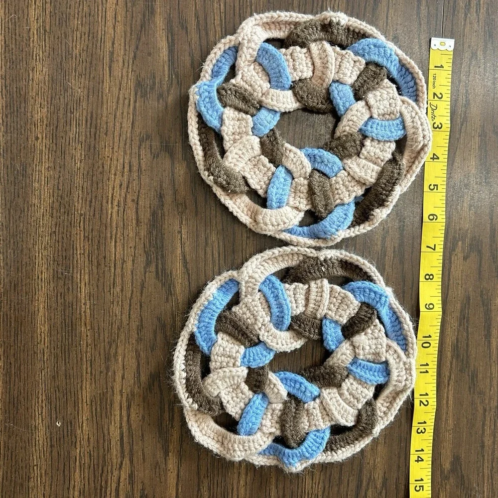 Vintage 70s Cottagecore Handmade Braided Crochet Trivet Hot Pad Set 2 Boho Folk